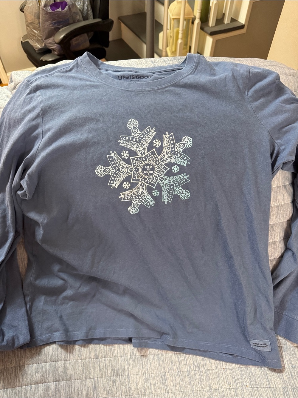Life Is Good Blue Long Sleeve Shirt with White Mandala Graphic
